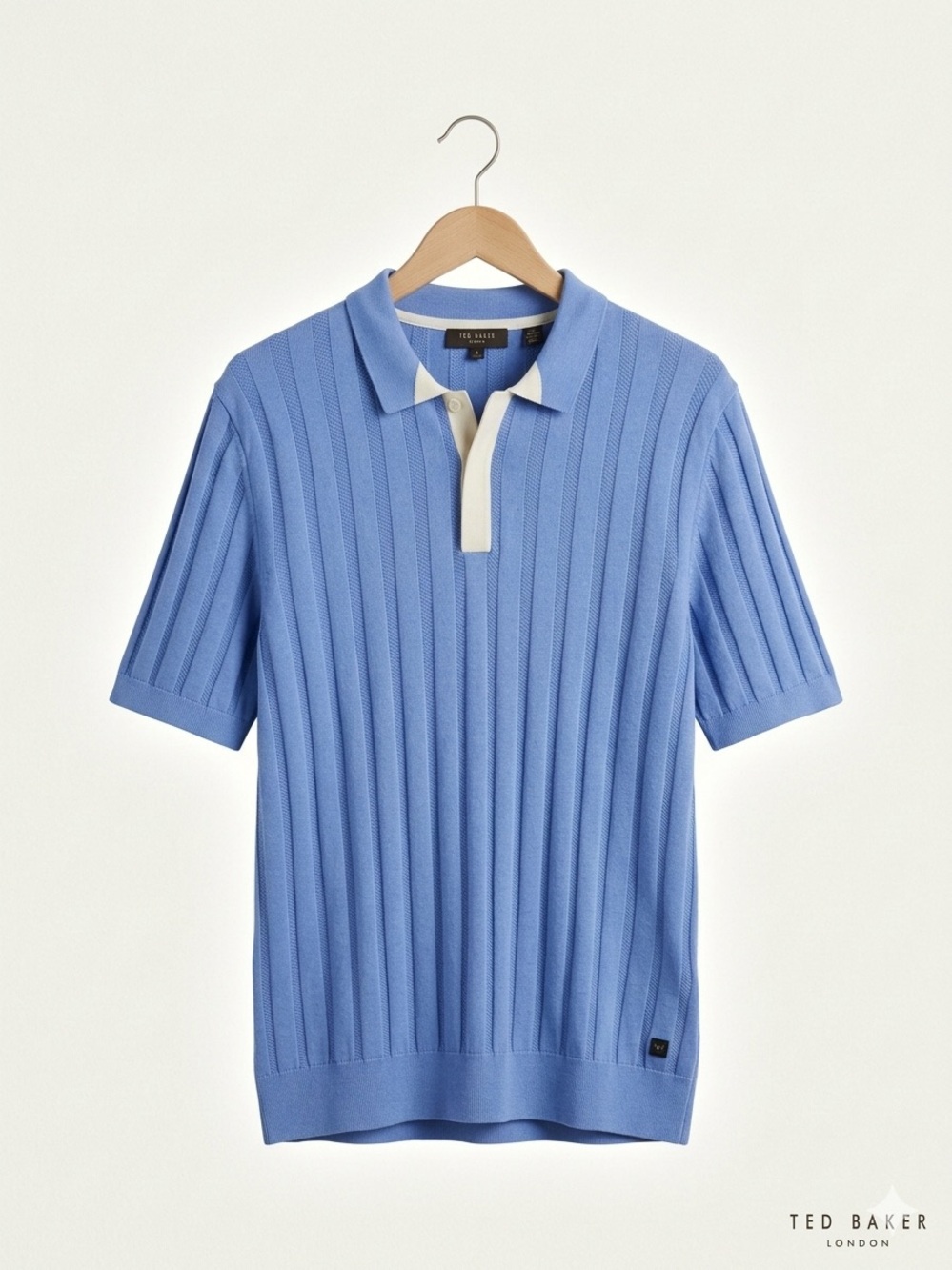 Ted Baker Charmen Blue Ribbed Knit Polo Shirt Mens Size 6 XXL Hidden Button